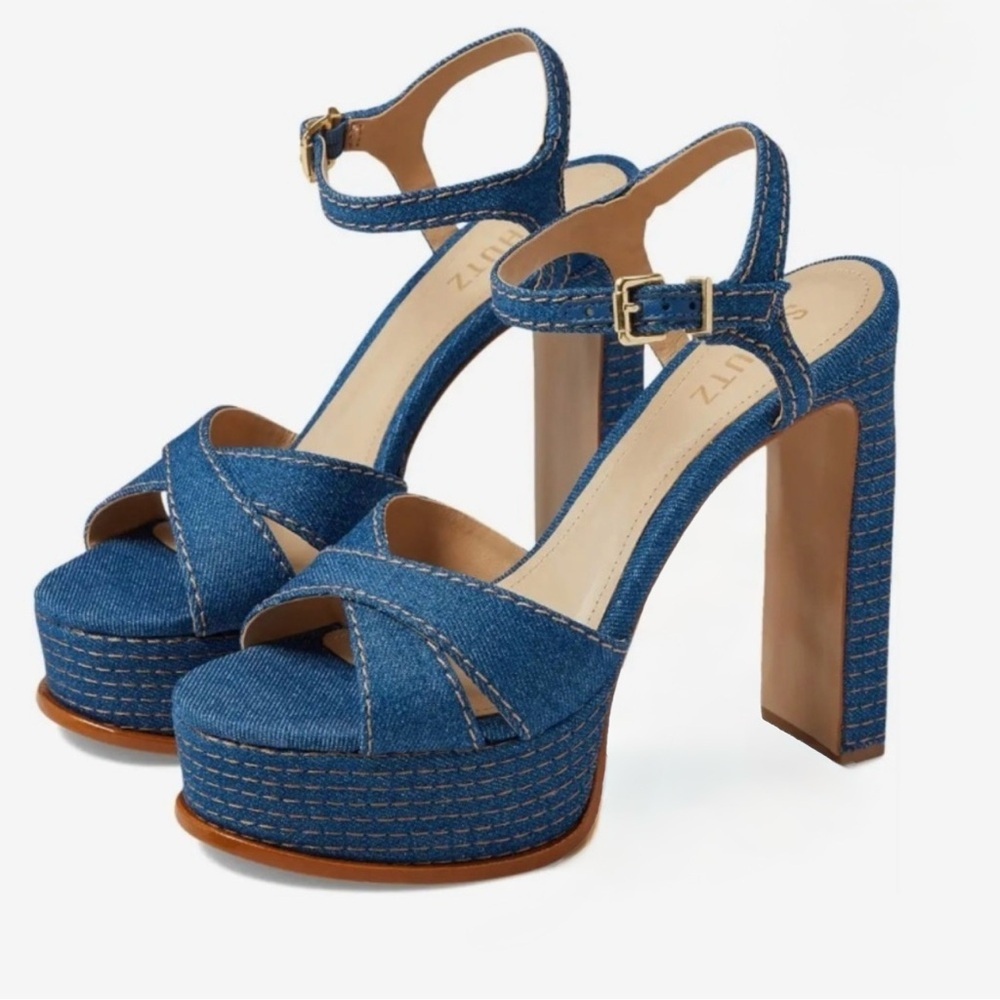 SCHUTZ Denim Blue Platform Sandals with Ankle Strap